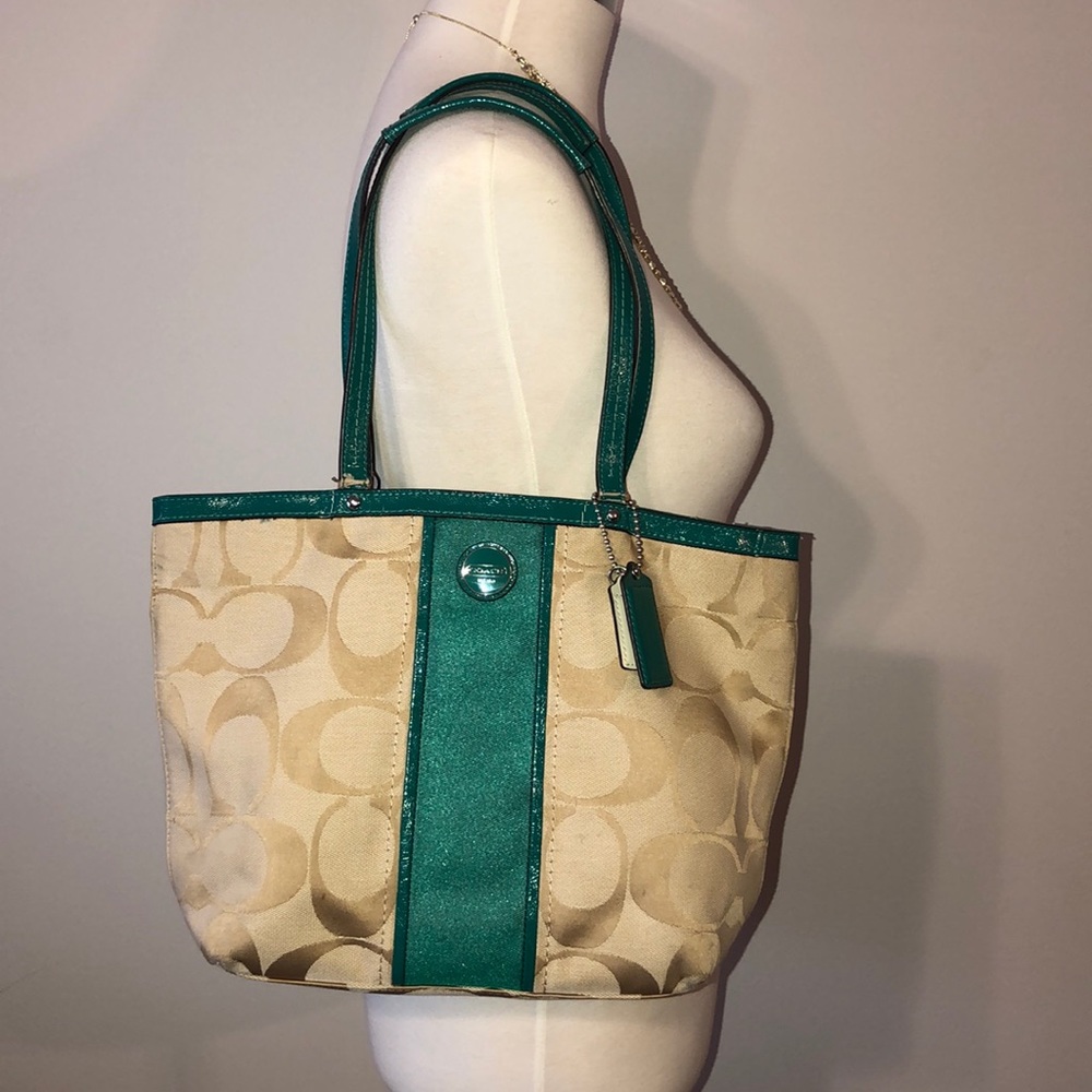 Coach Tan & Green  Patent Signature Stripe Tote